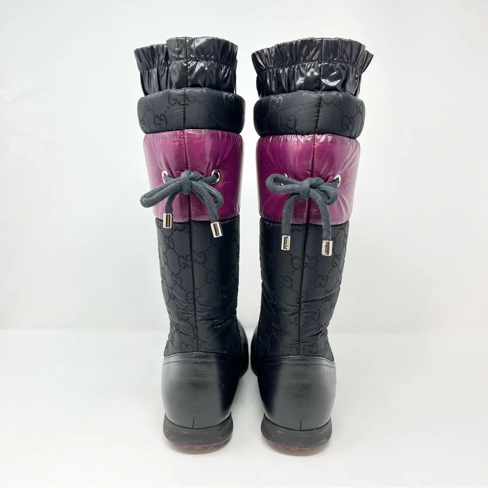 Gucci GG Logo Monogram Snow Winter Boots Tall Slip On Black Leather 35.5 5.5